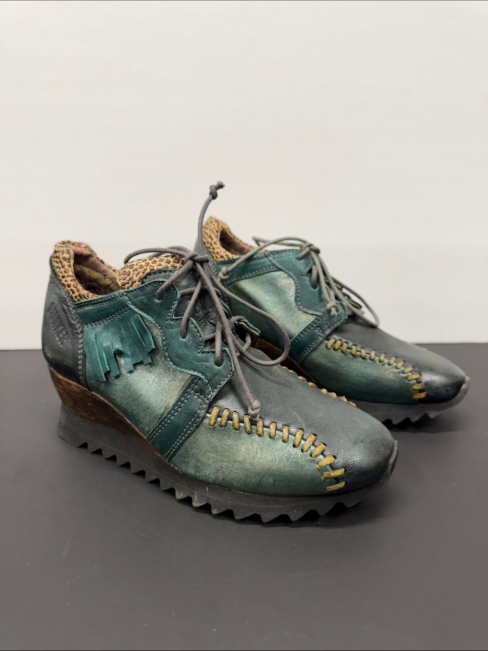 PIKOLINOS Teal and Dark Green Fringe Lace-Up Wedge Loafers
